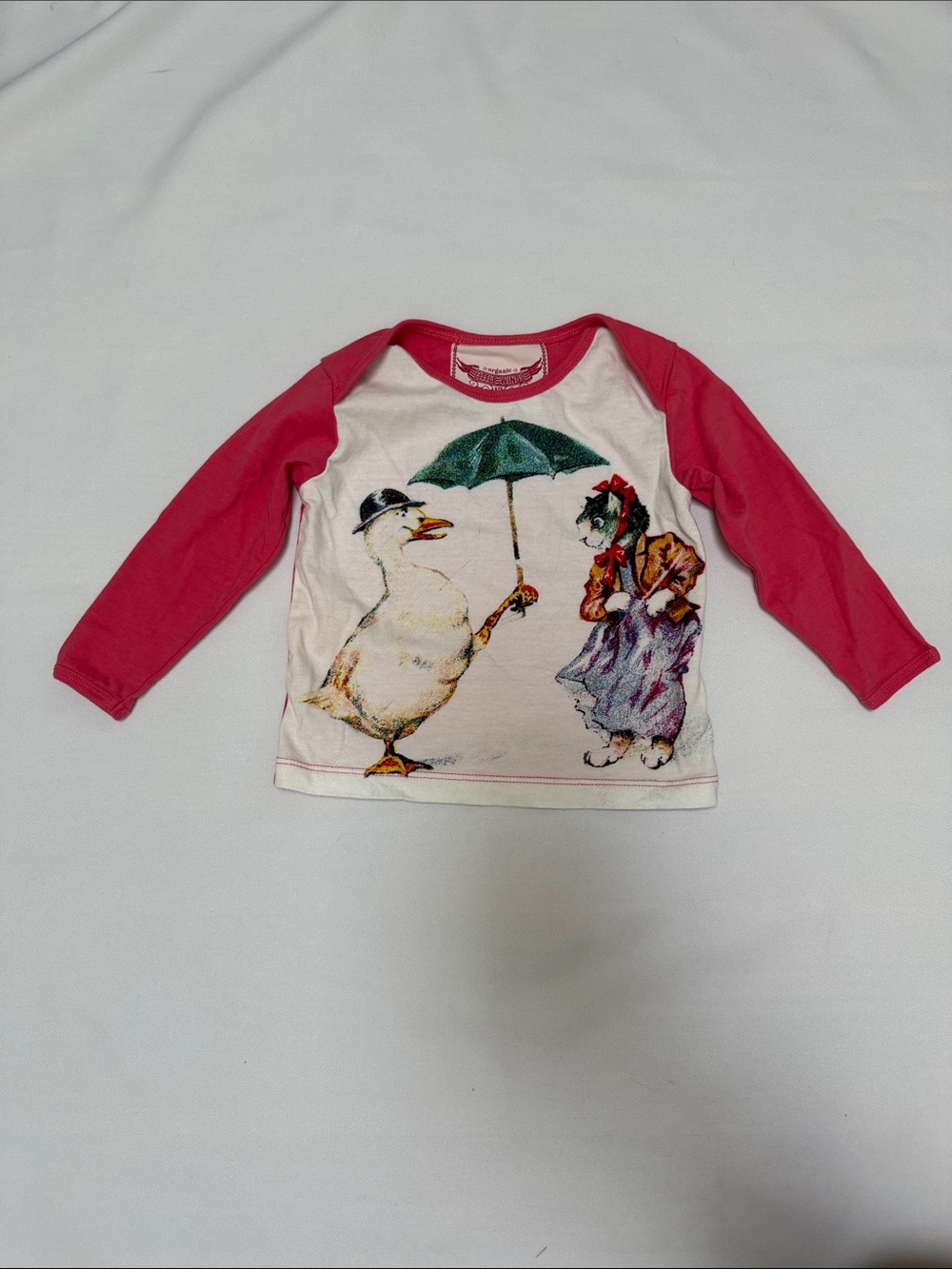 Girls' Pink-Sleeve Long Sleeve Graphic Tee with Duck and Cat Illustration